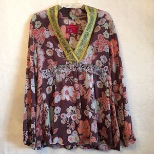 Johnny Was Embroidered Floral Empire Waist Blouse